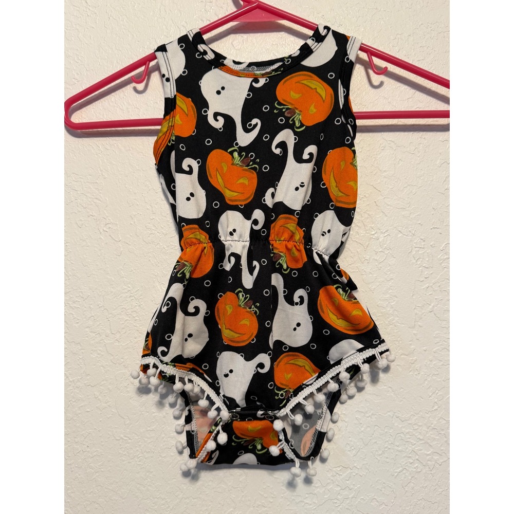 Baby Halloween Ghost and Pumpkin Pom Pom Trim Bubble Romper Black Sleeveless